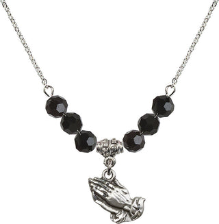 18" Rhodium Plated Necklace with 4mm Jet Crystal Beads featuring a Sterling Silver Praying Hands Medal.