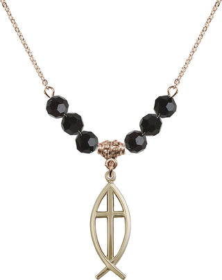 18" Hamilton Gold Plated Necklace with 4mm Jet Crystal Beads featuring a 14kt Gold Filled Fish / Cross Medal.