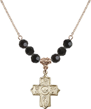 18" Hamilton Gold Plated Necklace with 4mm Jet Crystal Beads featuring a 14kt Gold Filled 5-Way Medal.