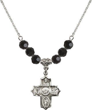 18" Rhodium Plated Necklace with 4mm Jet Crystal Beads featuring a Sterling Silver 5-Way Medal.