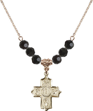 18" Hamilton Gold Plated Necklace with 4mm Jet Crystal Beads featuring a 14kt Gold Filled 4-Way Medal.