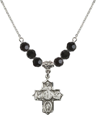 18" Rhodium Plated Necklace with 4mm Jet Crystal Beads featuring a Sterling Silver 4-Way Medal.
