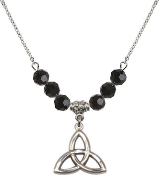 18" Rhodium Plated Necklace with 4mm Jet Crystal Beads featuring a Sterling Silver Trinity Irish Knot Medal.