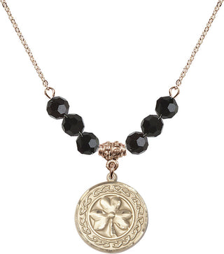 18" Hamilton Gold Plated Necklace with 4mm Jet Crystal Beads featuring a 14kt Gold Filled Shamrock with Celtic Border Medal.