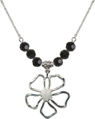 18" Rhodium Plated Necklace with 4mm Jet Crystal Beads featuring a Sterling Silver Five Pedal Flower Medal.