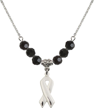 18" Rhodium Plated Necklace with 4mm Jet Crystal Beads featuring a Sterling Silver Cancer Awareness Medal.