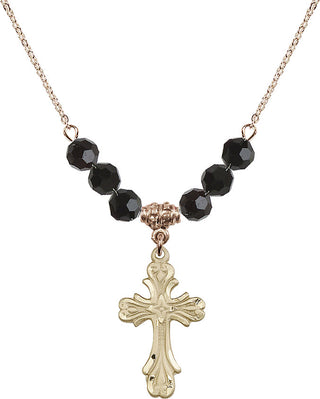 18" Hamilton Gold Plated Necklace with 4mm Jet Crystal Beads featuring a 14kt Gold Filled Cross Medal.