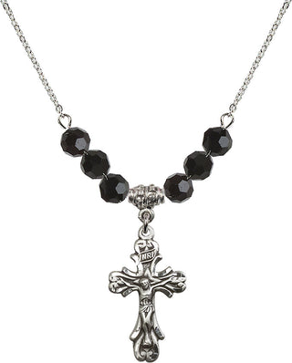 18" Rhodium Plated Necklace with 4mm Jet Crystal Beads featuring a Sterling Silver Crucifix Medal.