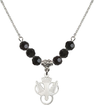 18" Rhodium Plated Necklace with 4mm Jet Crystal Beads featuring a Sterling Silver Holy Spirit Medal.