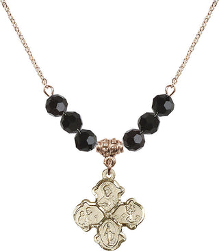 18" Hamilton Gold Plated Necklace with 4mm Jet Crystal Beads featuring a 14kt Gold Filled 4-Way Medal.