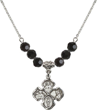18" Rhodium Plated Necklace with 4mm Jet Crystal Beads featuring a Sterling Silver 4-Way Medal.
