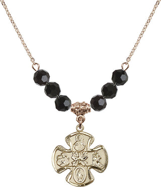 18" Hamilton Gold Plated Necklace with 4mm Jet Crystal Beads featuring a 14kt Gold Filled 5-Way Medal.