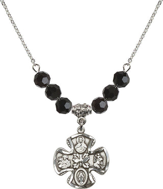 18" Rhodium Plated Necklace with 4mm Jet Crystal Beads featuring a Sterling Silver 5-Way Medal.
