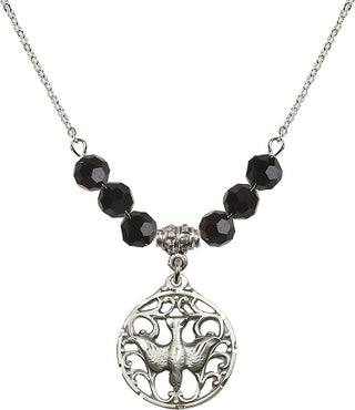 18" Rhodium Plated Necklace with 4mm Jet Crystal Beads featuring a Sterling Silver Holy Spirit Medal.