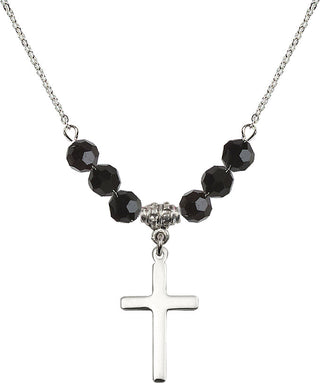 18" Rhodium Plated Necklace with 4mm Jet Crystal Beads featuring a Sterling Silver Cross Medal.
