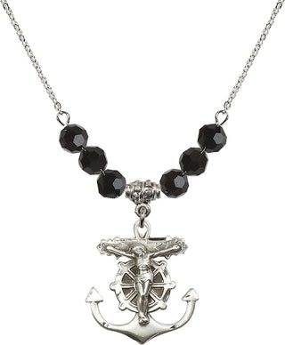 18" Rhodium Plated Necklace with 4mm Jet Crystal Beads featuring a Sterling Silver Anchor Crucifix Medal.