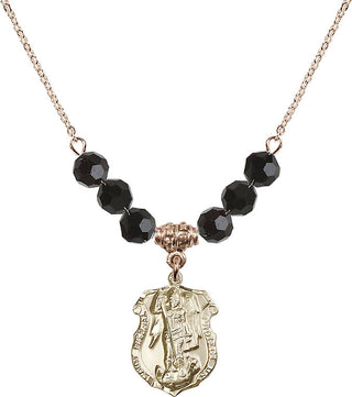 18" Hamilton Gold Plated Necklace with 4mm Jet Crystal Beads featuring a 14kt Gold Filled Saint Michael the Archangel Medal. Engraved Catholic Saint Jewelry