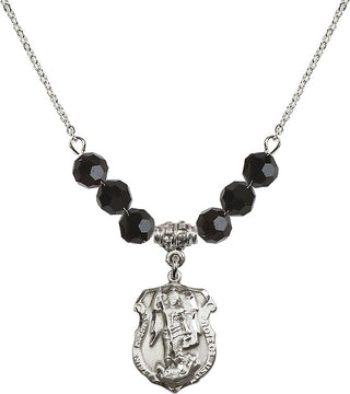 18" Rhodium Plated Necklace with 4mm Jet Crystal Beads featuring a Sterling Silver Saint Michael the Archangel Medal. Engraved Catholic Saint Jewelry