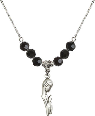 18" Rhodium Plated Necklace with 4mm Jet Crystal Beads featuring a Sterling Silver Madonna Medal.