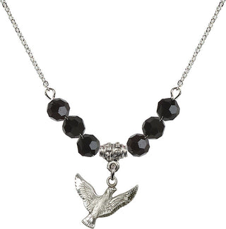 18" Rhodium Plated Necklace with 4mm Jet Crystal Beads featuring a Sterling Silver Holy Spirit Medal.