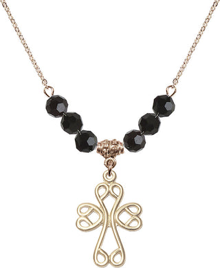 18" Hamilton Gold Plated Necklace with 4mm Jet Crystal Beads featuring a 14kt Gold Filled Scroll Cross Medal.