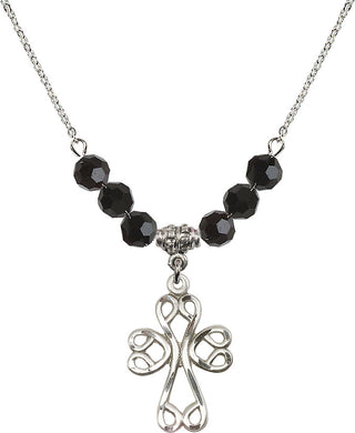 18" Rhodium Plated Necklace with 4mm Jet Crystal Beads featuring a Sterling Silver Scroll Cross Medal.