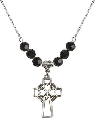 18" Rhodium Plated Necklace with 4mm Jet Crystal Beads featuring a Sterling Silver Shamrock Cross Medal.