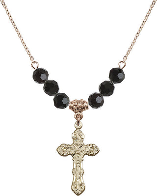 18" Hamilton Gold Plated Necklace with 4mm Jet Crystal Beads featuring a 14kt Gold Filled Cross Medal. Engraved Catholic Saint Jewelry