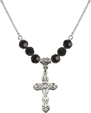 18" Rhodium Plated Necklace with 4mm Jet Crystal Beads featuring a Sterling Silver Cross Medal. Engraved Catholic Saint Jewelry