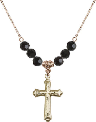 18" Hamilton Gold Plated Necklace with 4mm Jet Crystal Beads featuring a 14kt Gold Filled Cross Medal. Engraved Catholic Saint Jewelry