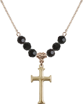 18" Hamilton Gold Plated Necklace with 4mm Jet Crystal Beads featuring a 14kt Gold Filled Cross Medal. Engraved Catholic Saint Jewelry