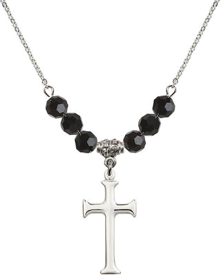18" Rhodium Plated Necklace with 4mm Jet Crystal Beads featuring a Sterling Silver Cross Medal. Engraved Catholic Saint Jewelry