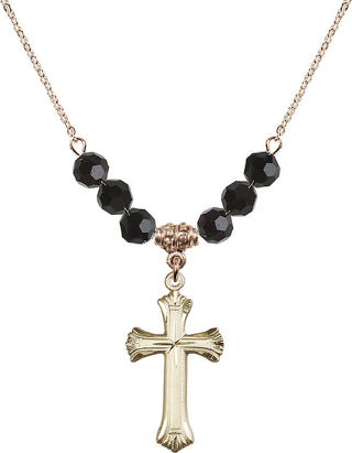 18" Hamilton Gold Plated Necklace with 4mm Jet Crystal Beads featuring a 14kt Gold Filled Cross Medal. Engraved Catholic Saint Jewelry