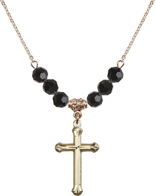 18" Hamilton Gold Plated Necklace with 4mm Jet Crystal Beads featuring a 14kt Gold Filled Cross Medal. Engraved Catholic Saint Jewelry