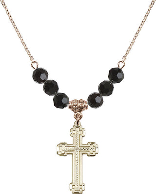 18" Hamilton Gold Plated Necklace with 4mm Jet Crystal Beads featuring a 14kt Gold Filled Cross Medal.