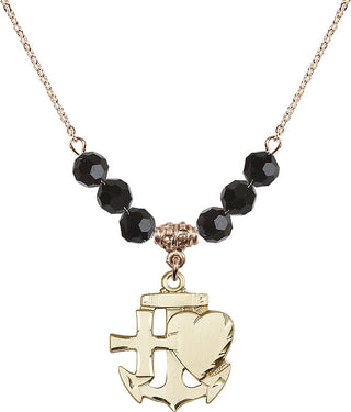 18" Hamilton Gold Plated Necklace with 4mm Jet Crystal Beads featuring a 14kt Gold Filled Faith, Hope & Charity Medal.