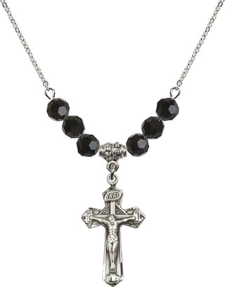 18" Rhodium Plated Necklace with 4mm Jet Crystal Beads featuring a Sterling Silver Crucifix Medal.