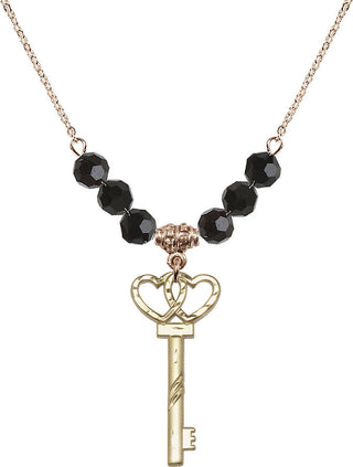 18" Hamilton Gold Plated Necklace with 4mm Jet Crystal Beads featuring a 14kt Gold Filled Small Key w/Double Hearts Medal.