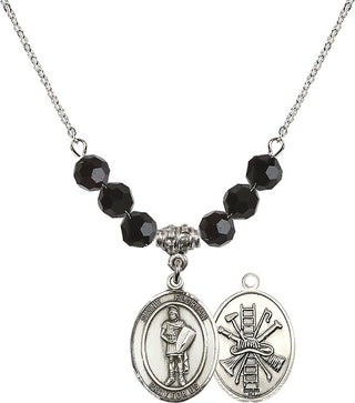 18" Rhodium Plated Necklace with 4mm Jet Crystal Beads featuring a Sterling Silver Saint Florian/Firefighter Medal.