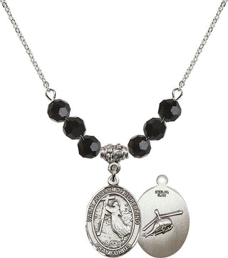 18" Rhodium Plated Necklace with 4mm Jet Crystal Beads featuring a Sterling Silver Saint Joseph of Cupertino/Heleco Medal.