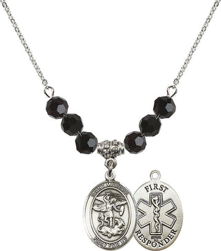 18" Rhodium Plated Necklace with 4mm Jet Crystal Beads featuring a Sterling Silver Saint Michael/1St Responder Medal.