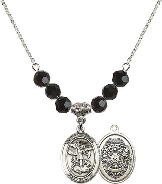 18" Rhodium Plated Necklace with 4mm Jet Crystal Beads featuring a Sterling Silver Saint Michael the Archangel Medal.