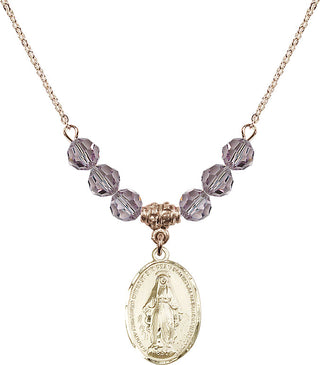 18" Hamilton Gold Plated Necklace with 4mm Light Amethyst Crystal Beads featuring a 14kt Gold Filled Miraculous Medal.