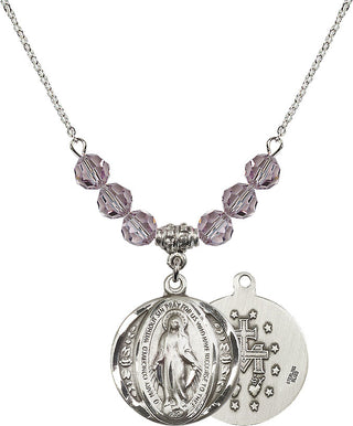 18" Rhodium Plated Necklace with 4mm Light Amethyst Crystal Beads featuring a Sterling Silver Miraculous Medal.