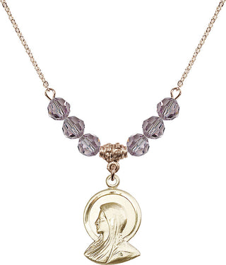 18" Hamilton Gold Plated Necklace with 4mm Light Amethyst Crystal Beads featuring a 14kt Gold Filled Madonna Medal.