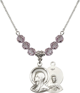 18" Rhodium Plated Necklace with 4mm Light Amethyst Crystal Beads featuring a Sterling Silver Madonna Medal.