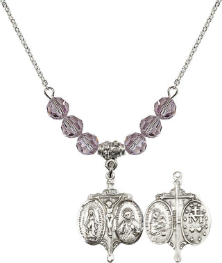 18" Rhodium Plated Necklace with 4mm Light Amethyst Crystal Beads featuring a Sterling Silver Novena Medal.