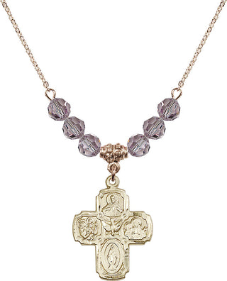 18" Hamilton Gold Plated Necklace with 4mm Light Amethyst Crystal Beads featuring a 14kt Gold Filled 5-Way Medal.