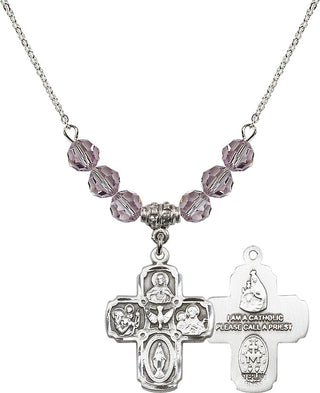 18" Rhodium Plated Necklace with 4mm Light Amethyst Crystal Beads featuring a Sterling Silver 5-Way Medal.