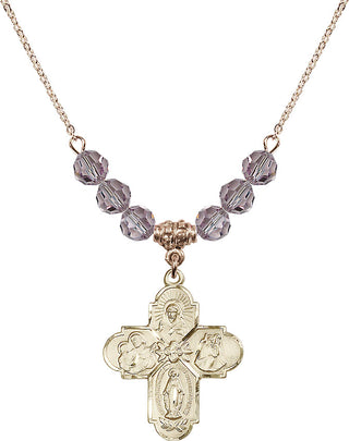 18" Hamilton Gold Plated Necklace with 4mm Light Amethyst Crystal Beads featuring a 14kt Gold Filled 4-Way Medal.